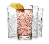 Libbey Hobstar Cooler Glasses, Cut Glass Drinking Glasses Set of 4, Hi-Ball Textured Drinking Glasses, 16 oz Cocktail Glass Set for Soda, Mixed Drinks