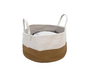 Libbi Lou Cotton Rope Storage Basket with Handles - 40cm x 25cm - Collapsible Laundry Basket, Woven Toy Storage Basket for Living Room, Nursery, Bedroom - Two-Tone Beige & Brown