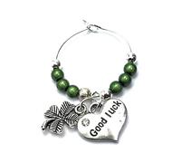 Libby's Market Place Good Luck Wine Glass Charm with a Four Leaf Clover on a Gift Card