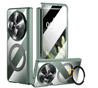 Libeagle for OnePlus Open Case, Non-Yellow Clear Back, Electroplated Frame & Hinge Protection, Screen Protector, Magnetic Rotatable Ring Kickstand, Thin & Slim Phone Case 5G 2023, Green