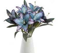 Libeking Blue Silk Flowers Fake Lillies 6PCS Vintage Lily Flowers Artificial Fake Blue Flowers Floral Arrangements Wedding Bouquet Party Eater Home Table Decor
