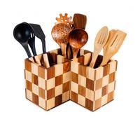Liberal Brightdeer Large Kitchen Utensils Holder 3 Compartments with Checkered Design,Corner Utensil Caddy for Countertop,Acacia Wooden Utensil Organizer for Kitchen Countertop, Farmhouse Decor