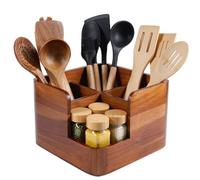 Liberal Brightdeer Large Kitchen Utensils Holder with 4 Compartments,Corner Utensil Caddy for Countertop,Acacia Wooden Utensil Organizer for Kitchen Countertop, Farmhouse Decor