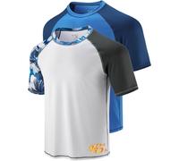 Liberty Imports 2-Pack Men's UV Short Sleeve Swim Shirts Loose Fit Rash Guards, Printed White/Contrast Blue, M