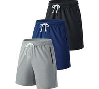 Liberty Imports 3 Pack Mens Sweat Shorts Athletic Casual Jogger Shorts with Zipper Pockets, Terry Performance Tech Activewear, Navy/Black/Light Gray, Medium