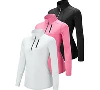 Liberty Imports 3 Pack: Women's Quick Dry Long Sleeve Quarter Zip Pullover Workout Shirts with Thumb Holes and Pocket, Pink/Black/White, S