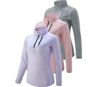 Liberty Imports 3 Pack: Women's Quick Dry Long Sleeve Quarter Zip Pullover Workout Shirts with Thumb Holes and Pocket, Striped Lilac/Pink/Black, Large