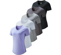 Liberty Imports 5 Pack Women's Quick Dry Short Sleeve T Shirts, Athletic Workout Tee Tops for Gym Yoga Running, White/Gray/Charcoal/Black/Lavender, XL