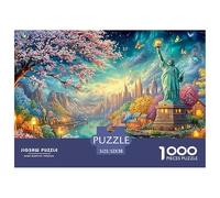 Liberty Statue by City, Cherry Tree And River 1000Pc Jigsaw Puzzle Fantasy Architecture Perfect for Family Puzzle Nights, Adults & Kids 52x38cm/1000pcs