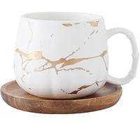 LIBFITH Coffee Mug, Tea Cup, Ceramic Cup, Gold Design with Wooden Saucer (White)