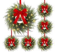 Libima 6 Pcs Small Christmas Wreaths 12 Inch Pre Lit Mini Christmas Wreaths with 6 Pcs LED Lights & Vintage Bells Red Bow for Door Wall Outdoor Yard Xmas Party Decor(Cedar Style)