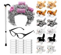 Libima Halloween Old Lady Costume Accessories for Women 100th Day of Grandma Wig Cane Glasses Stuffed Animal Cat for Halloween Party Cosplay