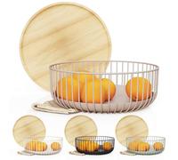 LIBKEN Fruit Basket for Kitchen - Multi-Purpose Stackable Basket with Wooden Lid - Powder Coated Metal and Rubber Wood - Wire Baskets for Organizing - Minimal Design - 4.5x11.4x11.4 - Peach