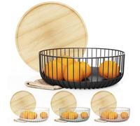 LIBKEN Fruit Basket with Wooden Bamboo Lid - Fruit Bowl For Kitchen Counter - Countertop Bin for Produce Fruits, Potato and Veggie - Metal Wire Baskets For organizing - 11.4"x11.4"x4.5" - Black