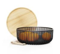 LIBKEN Metal Wire Mesh Fruit Basket with Wooden Lid - Fly-Proof Indoor Solution for Fresh Fruits - Covered Fruit Bowl with Lid - Produce Cover Against Flies for Vegetables - Black