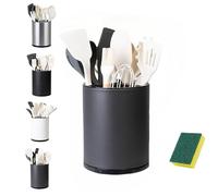 LIBODOUR Utensil Holder,Large 360°Rotating Kitchen Utensil Holder For Counter,Cooking Silverware Organizer Stainless Steel Caddy Flatware Spoon Spatula Tool Cutlery Container