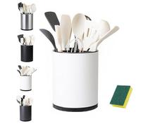 LIBODOUR Utensil Holder,Large 360°Rotating Kitchen Utensil Holder For Counter,Cooking Silverware Organizer Stainless Steel Caddy Flatware Spoon Spatula Tool Cutlery Container