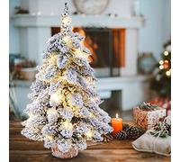 LIBOOI Pre-Lit Christmas Tree, 45cm Snow Flocked Xmas Tree Tabletop Mini Christmas Tree, Battery Operated Small Christmas Tree with Lights for Home Office Party Decoration