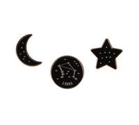 Libra Themed Gift Set Collection Of 3 Pin Badges Including A Black Studded Crescent Moon, Libra Zodiac Star Sign And A Star