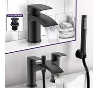 Libra Waterfall Basin Mono Mixer Tap, Bath Shower Mixer Tap & Waste Matte Black