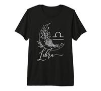 Libra Zodiac Sign Minimalist Moon Boho Floral Line Art Premium T-Shirt