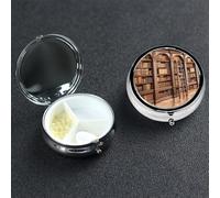 Library Bookcase Pill Box with Mirror 3 Compartment Decorative Pill Case for Purse or Pocket Small Round Pill Organizer Weekly Metal Medicine Tablet Vitamin Holder Travel Gift