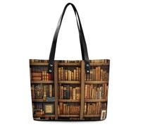 Library Bookshelf Book Leather Tote Bag for Women Work Shoulder Purses with Zipper Waterproof Large Computer Shoulder Bag Fashion Ladies Shoulder Handbag Reusable Shopping Bags