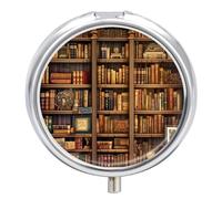 Library Bookshelf Book Pill Box 3 Compartment Small Pill Case with Mirror for Purse & Pocket Travel Medicine Organizer Daily Medication Container Portable Pillbox Metal Medicine Box Round Meds Case