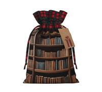Library Bookshelf Book -Print Burlap Drawstring Bags Plaid Design, Eco-Friendly Party Favors Packaging For Christmas Birthday.