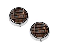 Library Bookshelf Book -Print Portable Round Pill Box - Stylish Round Pill Organizer for Travel Compartments Gift for Medication Management