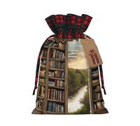Library Bookshelf Book Print -Print Burlap Drawstring Bags Plaid Design, Eco-Friendly Party Favors Packaging For Christmas Birthday.