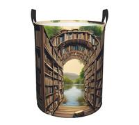 Library Bookshelf Book Print Print circular Laundry Basket/Foldable Dirty Clothes Storage Hamper,Water Resistant, For Bedroom Bathroom Storage Bins