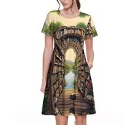 Library Bookshelf Book Print Print Women's Short Sleeve Pleated Loose Swing Casual Dress with Pockets Knee Length Black