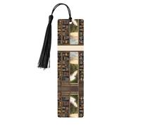 Library Bookshelf Book Print -Print Wooden Bookmarks with Tassel for Readers and Book Lovers - Artistic Handmade Gifts for Teachers Colleagues Office Desk Decor.