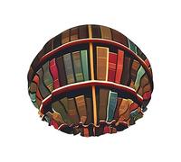 Library Bookshelf Book Print Shower Cap For Women Lightweight Reusable Softdouble Waterproof Layers Leakproof.