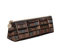 Library Bookshelf Book -Print Triangular Leather Pencil Case - Eco-Friendly Crossgrain Organizer W/Premium Zipper for School, Office & Travel