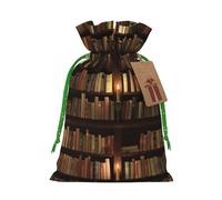 (Library Bookshelf Book) Printed Christmas M Size Gift Bags with Green Ribbon Drawstring Candy Bags for Kids Xmas Holiday Christmas Eve Presents