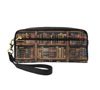 Library Bookshelf Book Printed Leather Makeup Bags with Wrist Strap Portable Travel Toiletry Bag Cosmetic Organizer Bag for Women