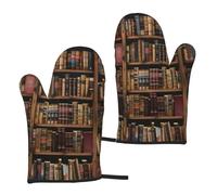 Library Bookshelf Book Printed Oven Mitts 2 Pcs - Heat Resistant Waterproof Bbq Oven Gloves for Cooking Baking Grilling