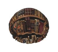 Library Bookshelf Book Printed Shower Cap Reusable Bath Cap Women Waterproof Double Layer Bath Hair Caps, Keeps Hair Dry, Fits All Head