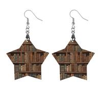 Library Bookshelf Book Wooden Earrings Lightweight Geometric Pendant Vintage Jewelry for Women Gift, Boho Wood Earrings for Daily & Special Occasions, Star, Wood, wood