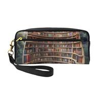 Library Bookshelf Books Printed Leather Makeup Bags with Wrist Strap Portable Travel Toiletry Bag Cosmetic Organizer Bag for Women