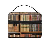 Library Bookshelf Cartoon Prints Travel Makeup Bag Flip Portable Toiletry Bag with Handle for Women's Travel and Daily Use