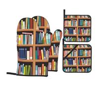 library bookshelf Print 4-Piece Heat-Resistant Oven Waterproof Kitchen Gloves Cooking Roasting Essential