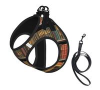 Library Bookshelf Print Adjustable Reflective Harness Leash Set For Cats, Dogs And Small Pets, Soft Breathable Mesh Walking Vest With Escape-Proof Lead