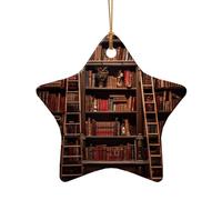 Library Bookshelf Print Christmas Tree Ceramic Star Heart Shaped Ornaments Hanging Xmas Pendants Gifts Decor