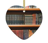 Library Bookshelf Print Heart Shaped Ceramic Doublesided Christmas Ornament Festive Home Xmas Tree Decor