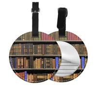 Library Bookshelf Print Round Luggage Tag 10 Cm, Pu Leather Suitcase Label, Luggage Tags for Cruise Ships Suitcase Tags Beach Malibu Print Privacy Cover Id Label