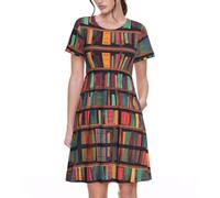 Library Bookshelf Print Women's Short Sleeve Pleated Loose Swing Casual Dress with Pockets Knee Length Black