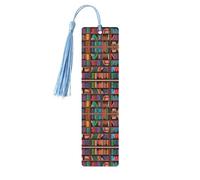 Library Bookshelf -Print Wooden Bookmarks with Tassel for Readers and Book Lovers - Artistic Handmade Gifts for Teachers Colleagues Office Desk Decor.